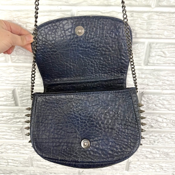 Studded Navy Blue Faux Leather Crossbody Bag Pewter Hardware Shoulder Strap - Picture 7 of 9